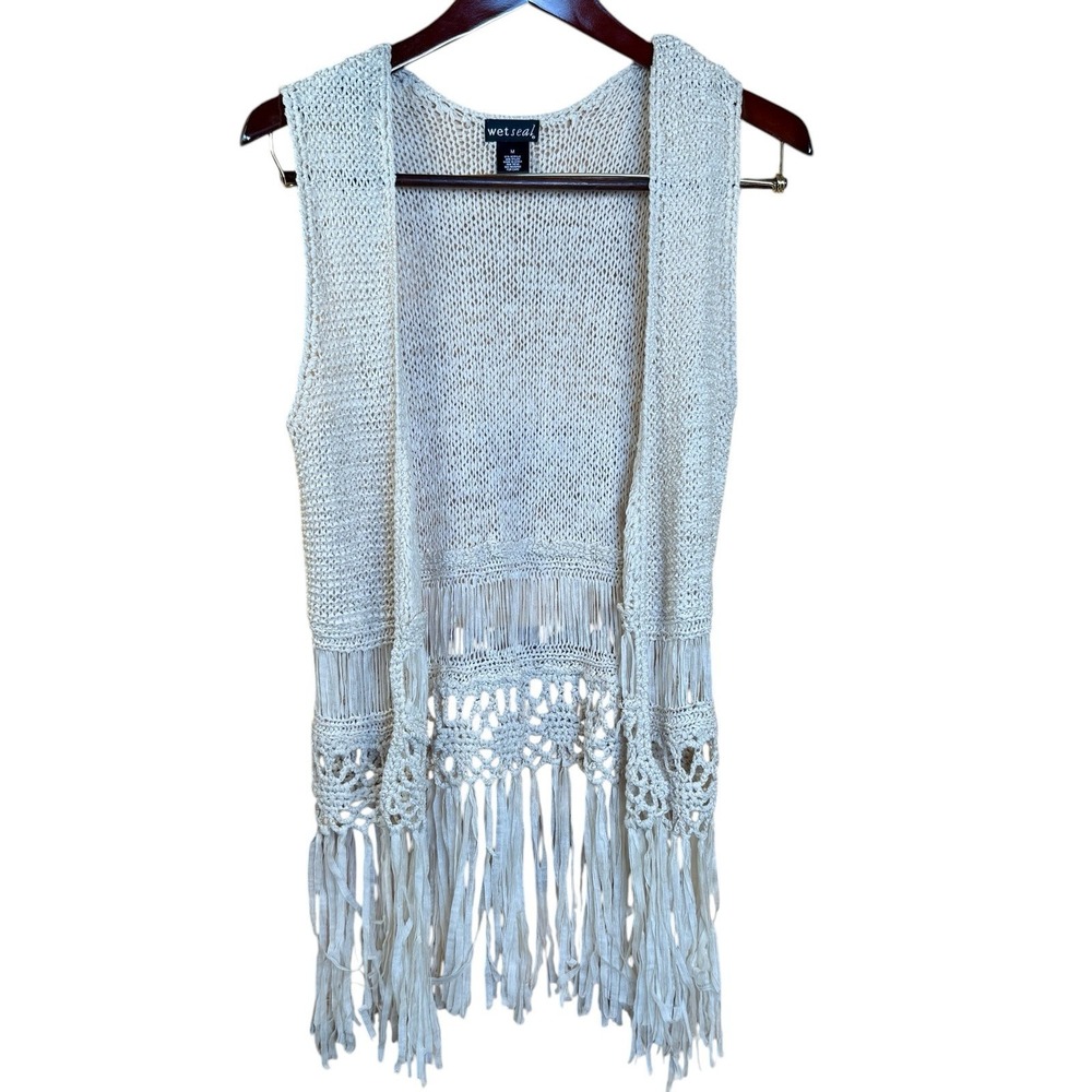 Wet Seal Knitted Vest Women's Ivory Size Med Fringe Open Front Cottagecore Boho‎